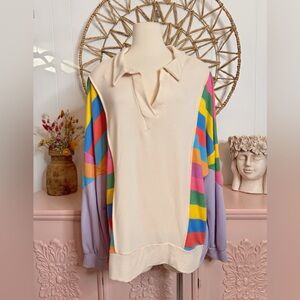 Women’s 1X Haptics  lightweight Cream Sweatshirt with Multicolor Striped Sleeves